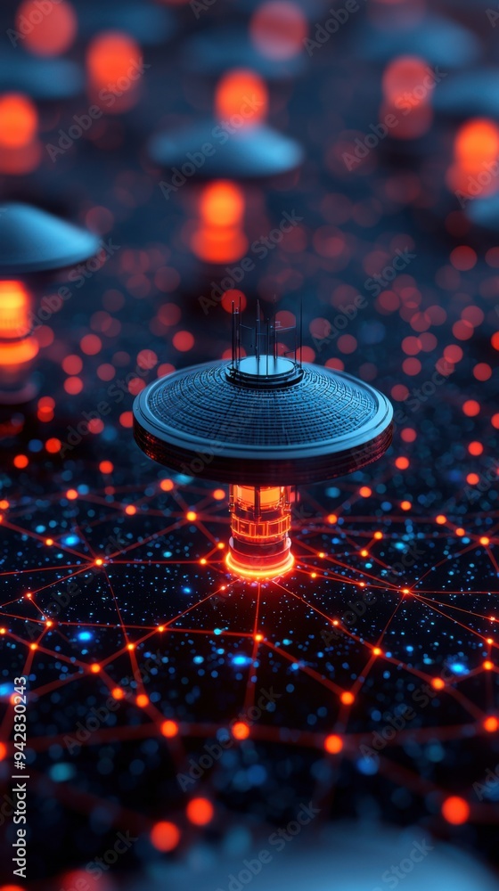 Poster futuristic technology concept illustrating a network of glowing nodes and hovering structures in a d