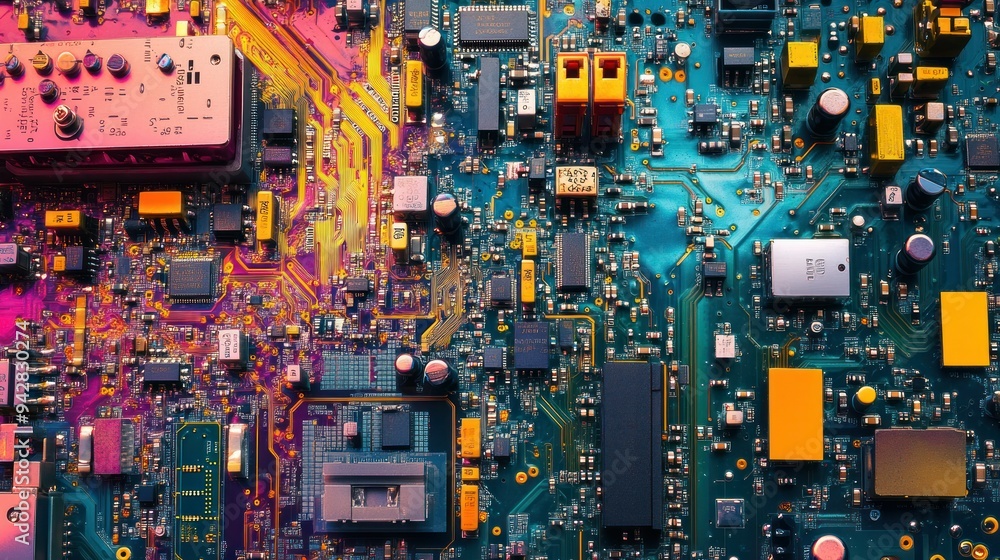 Poster Close-up of a Complex Electronic Circuit Board with Various Components