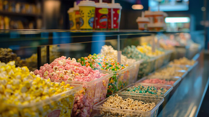 A bright colourful concession stand at a movie theater, filled with a delightful variety of popcorn and candy, offering patrons an array of flavors and textures to enhance their cinematic experience