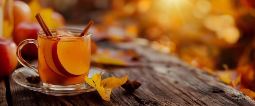 Glass mug of apple cider with cinnamon sticks and star anise sits on a rustic wooden table with a blurry autumn background