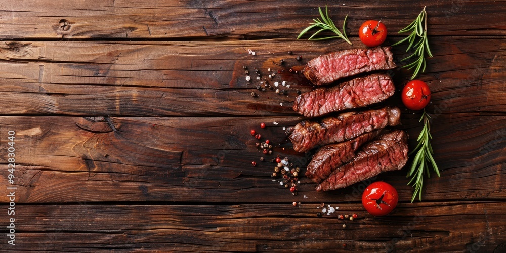 Poster sliced grilled beef steak displayed on a wooden surface with room for additional text.