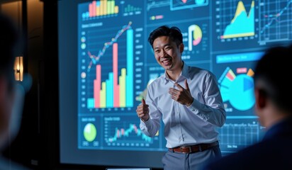 Confident Asian Businessman Presenting Market Growth Analysis with Impressive Data Charts
