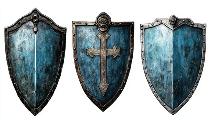 Fototapeta premium Three weathered medieval shields with blue paint and intricate designs, including a cross and lion emblem, displayed on a white background.