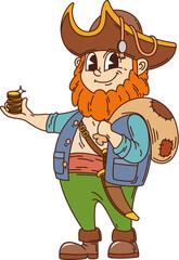 Retro cartoon groovy pirate and corsair character. Cheerful rover with bushy red beard carries sack over his shoulder and holds stack of gold coins in hand. Vector sailor wears tricorn hat and coat