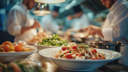 Chef preparing salad in restaurant kitchen, closeup. Professional chef preparing food.