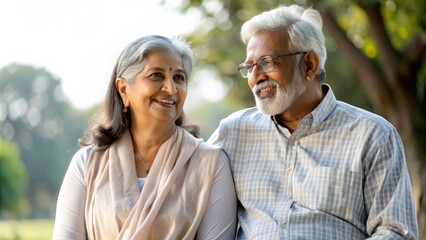 Indian Senior Couple Relaxing During Park Walk
