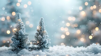 Obraz premium A beautiful Christmas background with three small pine trees covered in snow, white lights on the right side of the picture
