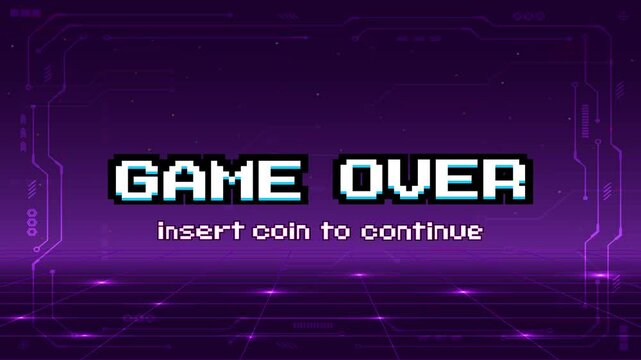 GAME OVER INSERT A COIN TO CONTINUE .Synthwave wireframe net. pixel art .8 bit game. retro game. for game assets .Retro Futurism Sci-Fi Background. glowing neon grid. and stars. - Powered by Adobe