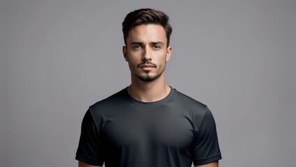 Fototapeta premium Blank black clean t-shirt mockup, isolated, front view. Empty tshirt model mock up