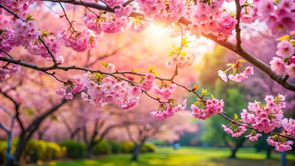 Beautiful cherry blossoms in full bloom, showcasing nature's vibrant colors of pink petals among lush greenery during the spring season