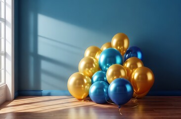 Naklejka premium Gold and blue foil balloons in a blue room. illustration for anniversary, birthday, sale and promotion, party design element.
