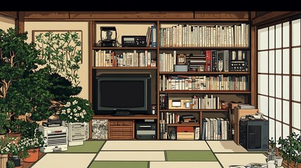 Retro Living Room with Bookshelves and Japanese Sliding Doors.