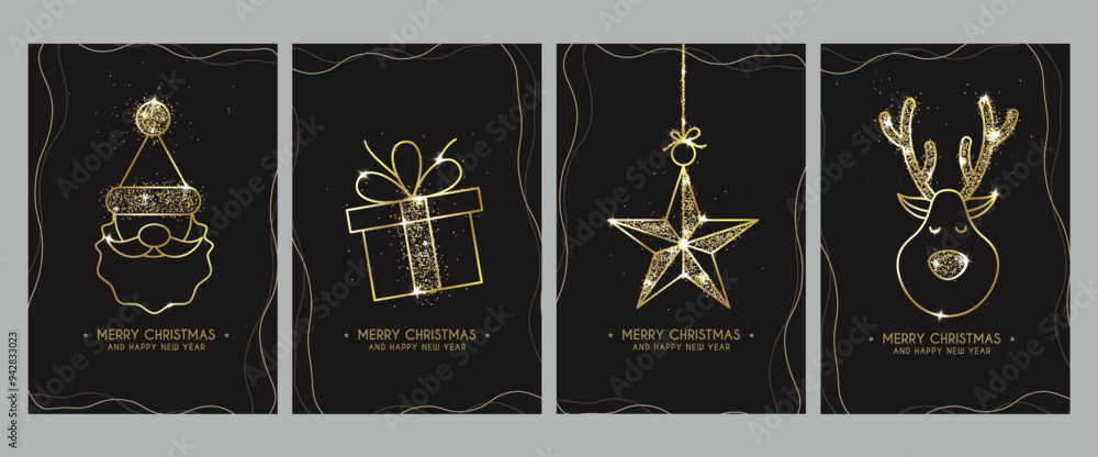 Wall mural merry christmas greeting glitter card vector poster set design. christmas greeting text in border bl
