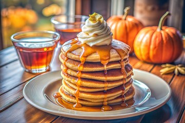 Fluffy Pumpkin Pancakes with Maple Syrup and Whipped Cream on Wooden Table