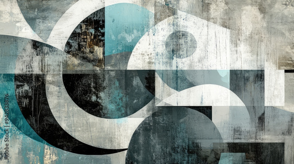 Aufkleber bold abstract composition with layered gray and aquamarine shapes and patterns.