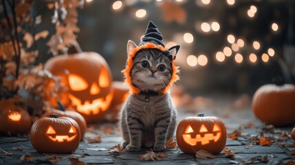 A playful kitten dressed in a Halloween hat sits among glowing carved pumpkins, surrounded by colorful autumn leaves, creating a festive atmosphere at dusk