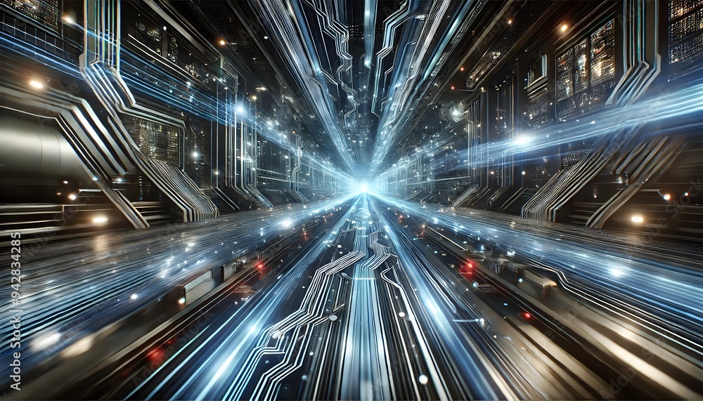Poster a futuristic corridor illustrating high-speed data transmission, advanced networking, and the concep