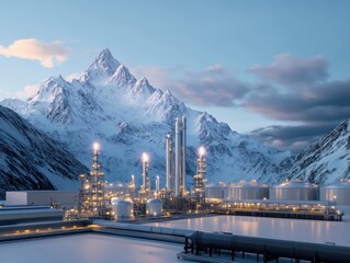 A crude oil refinery is set against a backdrop of towering mountains, illustrating the challenge of meeting energy demand in remote regions. 