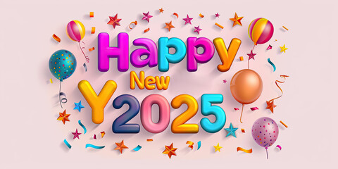 Fototapeta premium Vibrant minimalistic illustration of Happy New Year 2025 celebration with balloons, stars, and confetti for festive greetings
