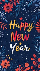Fototapeta premium Happy New Year illustration featuring a minimalistic design with colorful floral elements on a dark background