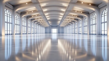 Elegant Empty Event Hall with High Ceilings, Glossy Reflective Floors, and Customizable Ambient Lighting