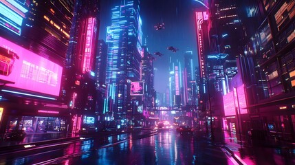 Fototapeta premium A cyberpunk cityscape at night, drenched in rain with glowing neon lights reflecting on wet streets, evoking a futuristic and dystopian atmosphere.