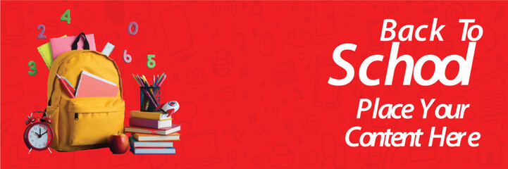 Welcome Back to School banner, poster, post, supplies doodle on checkered paper background, vector illustration.