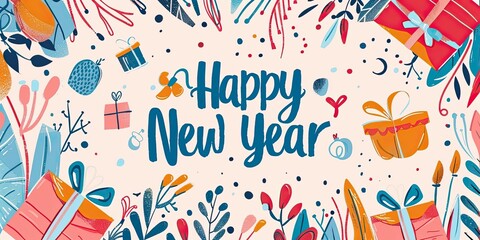 Obraz premium Cheerful minimalistic postcard design celebrating the New Year with festive illustrations and vibrant colors showcasing gifts and decorations