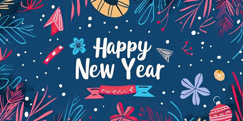 Trendy minimalistic postcard design wishing everyone a joyful New Year with colorful decorations and elegant typography