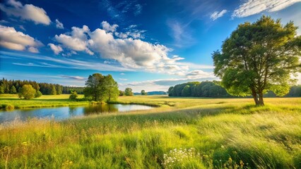 Tranquil rural meadow under a clear blue sky, perfect for nature enthusiasts and relaxation seekers
