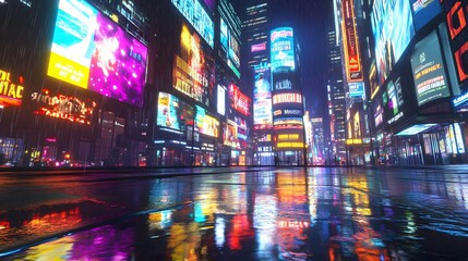 A futuristic city street illuminated by vibrant neon lights, captured on a rainy night with reflections on the wet pavement.