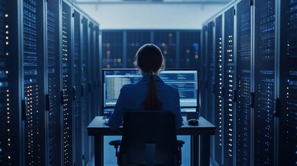 Woman Working In a Server Room