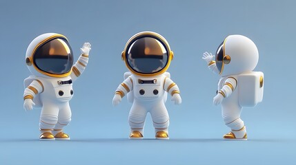 Obraz premium 3D illustration of three cartoon astronauts waving, set against a blue background. Each astronaut is wearing a white spacesuit with a reflective visor.