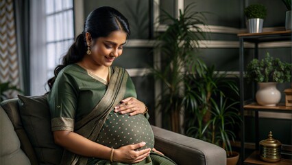  happy indian pregnant woman feeling baby by lookin.