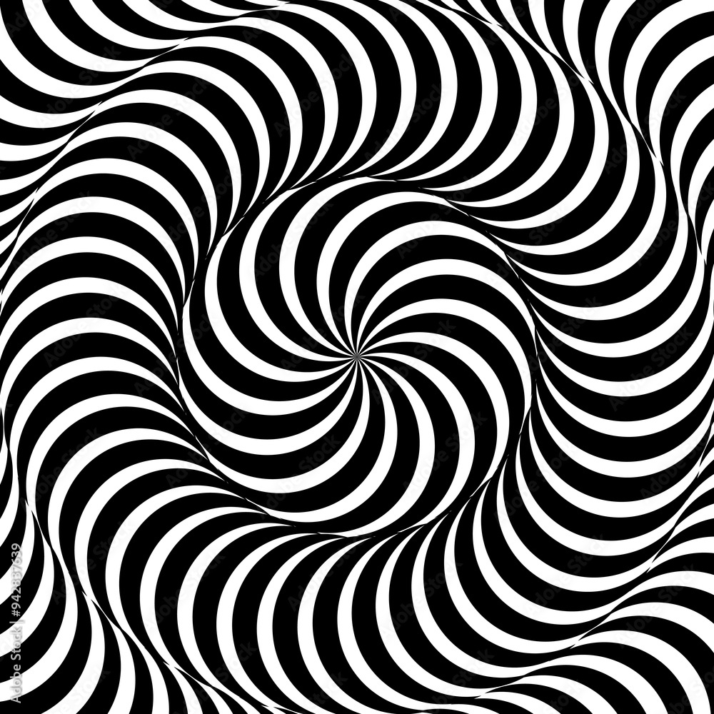 Aufkleber Psychedelic hypnotic swirl spiral pattern, hypnosis effect. Vector monochrome vortex, black and white background with concentric wavy lines create visual effect or trippy experience and movement