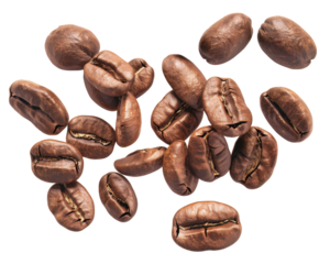 A collection of roasted coffee beans scattered on a surface.