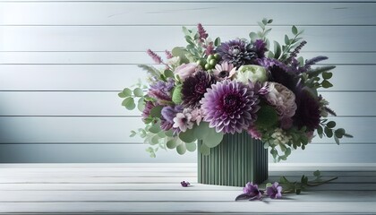 Fototapeta premium Purple and green flowers bouquet is in front of a white wooden wall with copy space,