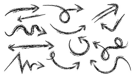 Hand drawn arrow doodle collection in thin black stokes isolated on white background