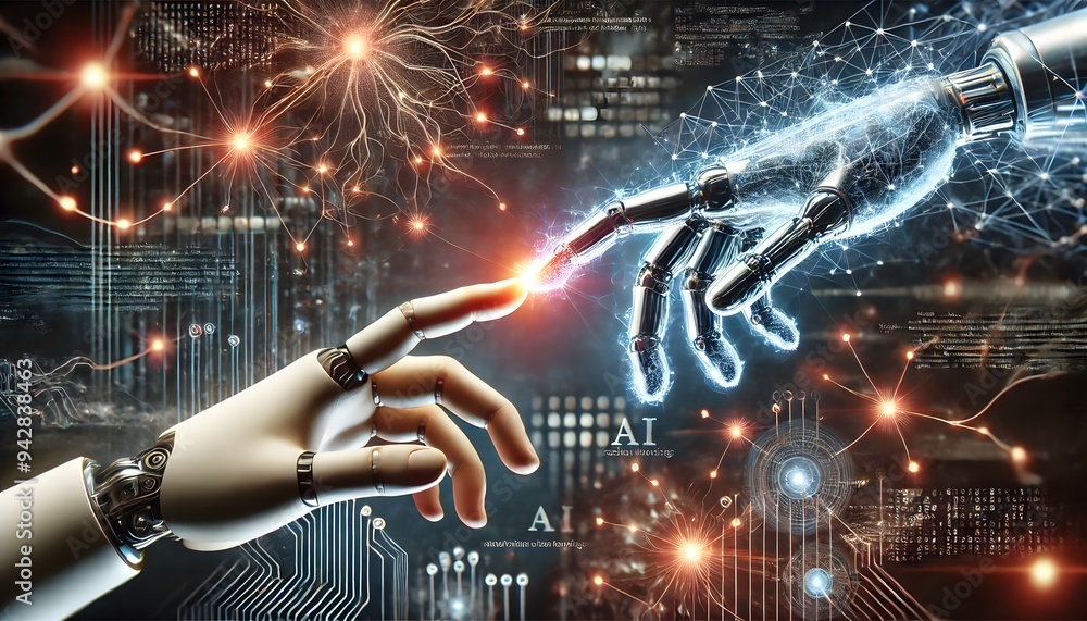 Poster a human and robotic hand reaching towards each other, symbolizing the connection between humans and 