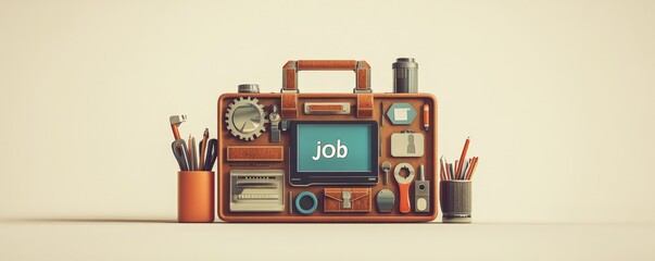 3D design of a briefcase with digital tools for online "job" search, beige isolated background, studio lighting