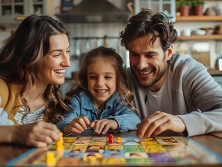 Fototapeta premium Family enjoys playful game night at home in a cozy kitchen while sharing laughter and creating joyful memories together