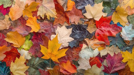 A vibrant collage of different colorful leaves spread across a page, evoking a sense of autumnal beauty.
