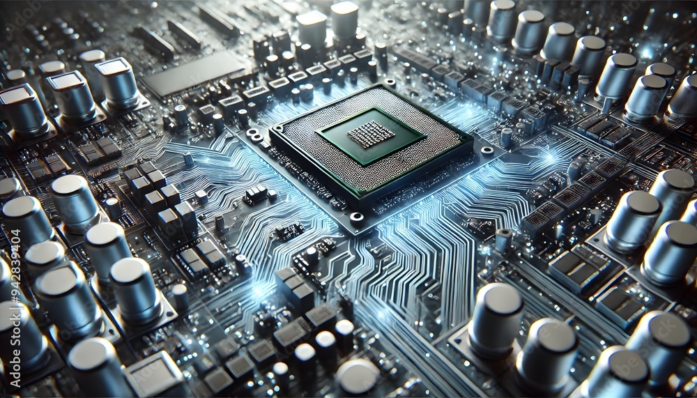 Poster a detailed view of a microchip on a circuit board with glowing lines, symbolizing advanced technolog