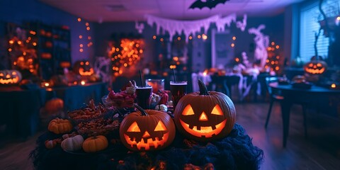 Fototapeta premium Halloween-themed party with jack-o-lanterns and skeleton decorations