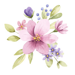 Obraz premium Watercolor flowers, floral bouquet with pink flower and leaf. Perfectly for print on greeting card, wedding invitation, poster. Hand drawing. Composition isolated on white.