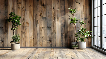 Fototapeta premium A minimalist room with rustic wood paneling and a large window. Two potted plants stand in the corner adding a touch of nature.
