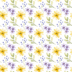 Seamless background, floral pattern with watercolor flowers and leaves. Repeat fabric wallpaper print texture. Perfectly for wrapped paper, backdrop.