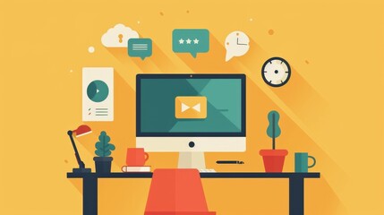 Communication apps in a productive remote setup, isolated on yellow background, flat design