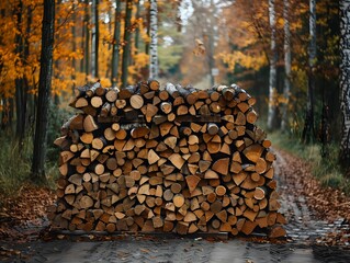 Stacked firewood blocking a forest path during autumn with vibrant orange leaves scattered along the ground
