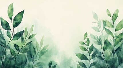 Delicate green watercolor leaves create a serene and calming background, perfect for nature-inspired designs.